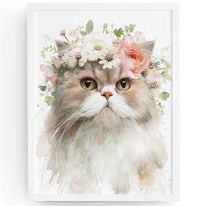 Watercolor Ragdoll Cat with Flower Crown Wall Art Print Unframed